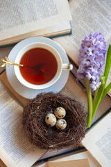 Easter still life with painted eggs and hyacinth.