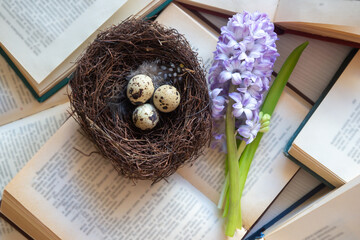 Easter still life with painted eggs and hyacinth.