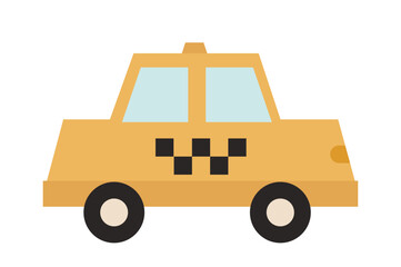 A simple yellow taxi cab in a flat, minimalist style, featuring a checkered pattern on its side, displayed on a white background. Concept of urban transportation. Vector illustration