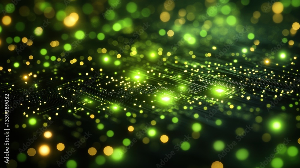 Poster Abstract green glowing circuit board texture with bokeh lights.
