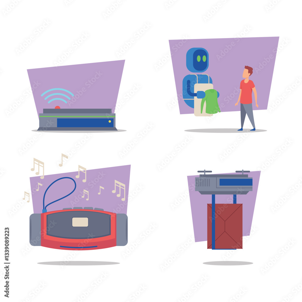Aufkleber set of modern technology with emphasis on interactive and automated devices, illustrating their impa