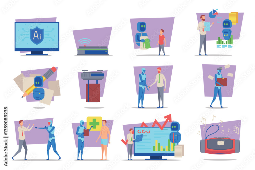 Poster collection of various digital representations of artificial intelligence in everyday tasks and profe