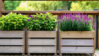 Two images of wooden planters with purple flowers on a porch railing.