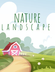 Idyllic countryside landscape with red barn, rolling green hills, winding path, and sheep grazing in field. Soft clouds in sky create peaceful atmosphere. Concept of rural life. Vector illustration