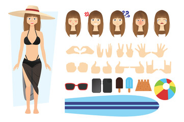Flat character design vector of young woman or girl wearing bikini or beach outfit and sun straw hat with alternate various face expression angry, sad and hand pose and many accessories ball surfi