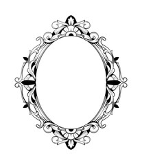 Elegant black and white ornate oval frame with intricate floral and baroque-inspired decorations on a white background. Perfect for vintage and decorative design concepts. Vector illustration