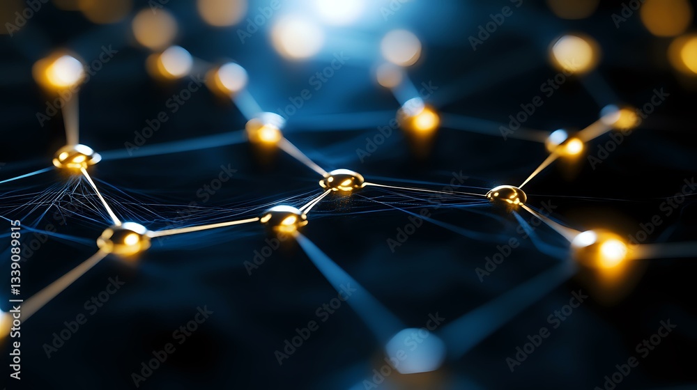 Poster glowing network nodes connected by blue light beams against dark background create futuristic techno
