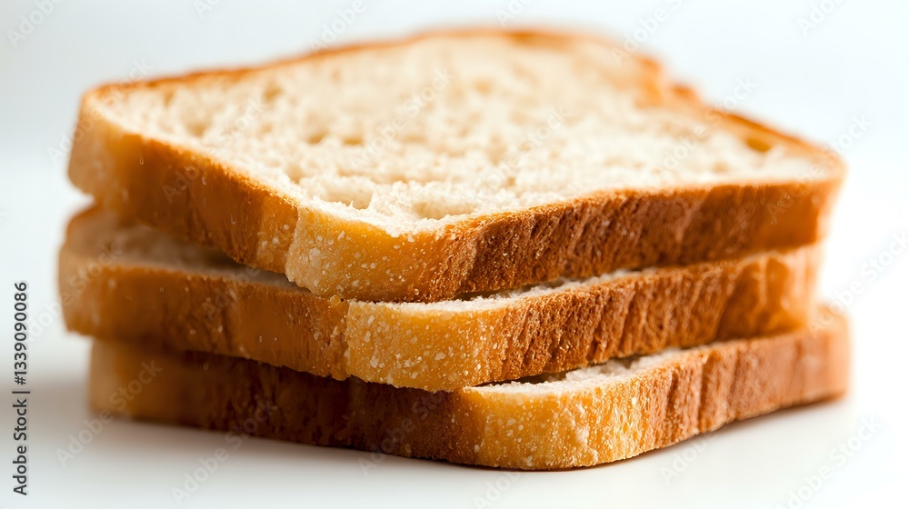 Poster fresh sliced white bread stacked in layers showing soft texture and golden crust, photographed with 