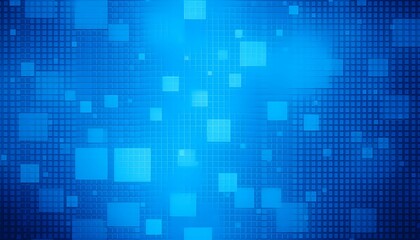 Abstract technology background, blue digital grid, floating squares, pixelated texture, glowing particles, futuristic design, data visualization, cyberspace concept, dynamic light effects