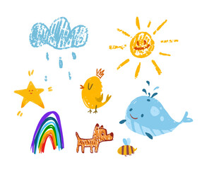 Colorful doodle-style illustration featuring a smiling sun, rain cloud, rainbow, whale, chick, dog, bee, and star. Hand-drawn in a playful and childlike manner. Vector illustration