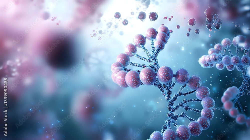 Poster microscopic view of dna helix structure with pink and blue spherical molecules floating in ethereal 