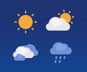 Set of weather icons featuring sun, clouds, and rain on a dark blue background. The icons are in a flat design style, representing different weather conditions. Vector illustration