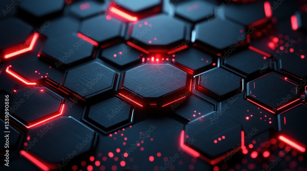 Poster Abstract hexagonal dark metallic grid with red neon lights.