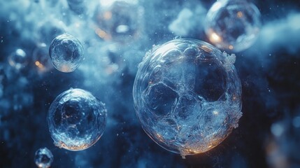 Naklejka premium Abstract icy spheres floating in smoky blue space.