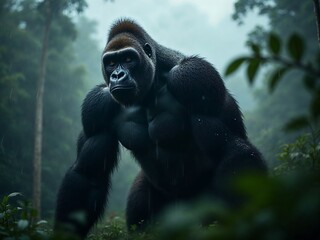 Naklejka premium Powerful Gorilla Standing in the Rainforest During Rainfall with Misty Background