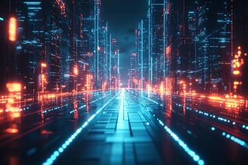 Futuristic digital landscape with glowing neon light patterns and a dynamic abstract cyber grid, set against a dark, hightech environment