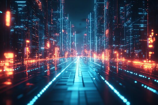 Futuristic digital landscape with glowing neon light patterns and a dynamic abstract cyber grid, set against a dark, hightech environment