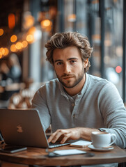 Fototapeta premium Happy young european guy student in glasses, typing on smartphone, laptop, work, study online, chatting in cafe. Online meeting app, modern lifestyle remotely, digital nomad