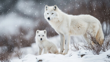 Obraz premium Mother and baby Arctic wolf in their snowy wilderness