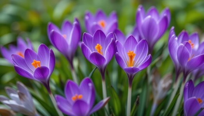 Spring bloom purple crocuses in nature garden close-up vibrant scene