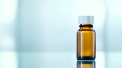 Amber glass medicine bottle with white cap on reflective surface against soft blue background, minimalist pharmaceutical composition for healthcare concepts.