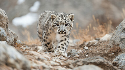 Obraz premium Solitary snow leopard cub stealthily prowling across a rugged, rocky terrain