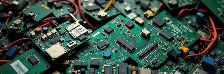 Pile of discarded circuit boards, wires, and components , waste, connectors