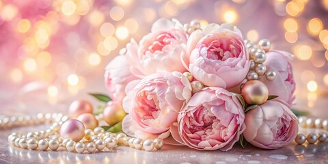Blush Pink Peony Bouquet with Pearl Necklace - Feminine Elegance Stock Photo