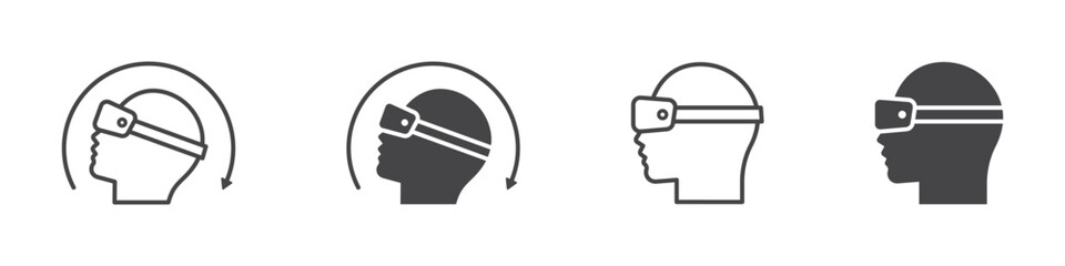Set of virtual reality icons. Head human with virtual reality headset icons, goggles, 360 degree, arrow. Vector illustration. EPS10.
