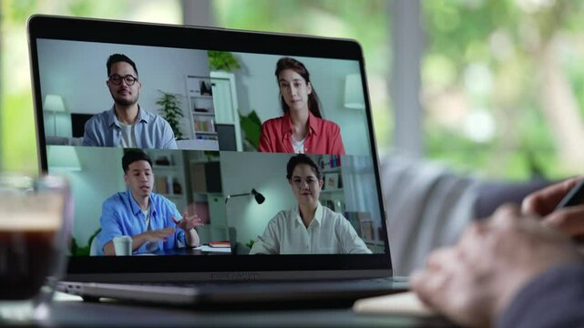 Online business video conference for internal team meeting and external meeting showing  business persons of multiple genders and ages on screen