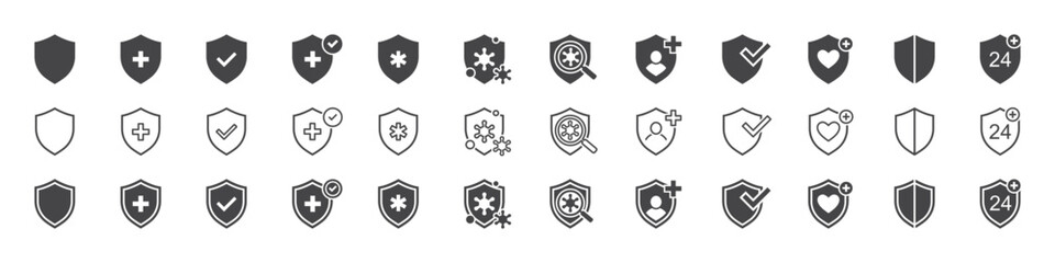 Set of immune system icons. Virus resistance with shield, antibacterial protection symbols. Medical cross in the shield, health shields signs. Vector. EPS10.