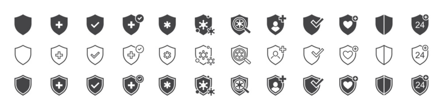 Set of immune system icons. Virus resistance with shield, antibacterial protection symbols. Medical cross in the shield, health shields signs. Vector. EPS10.