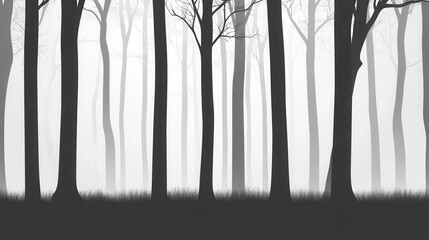 Monochromatic Misty Forest Landscape Silhouetted Trees in Fog
