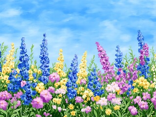 Fototapeta premium Vibrant field of wildflowers in full bloom under bright sunshine against a clear blue sky backdrop