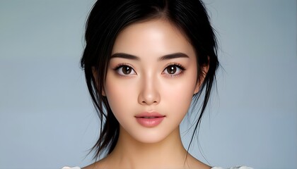 Naklejka premium A close-up portrait of an Asian woman with dark hair and brown eyes.