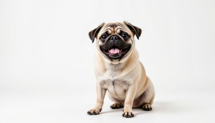 Obraz premium A cute pug with a wrinkled face is winking and showing off a big smile while sitting on a clean white background.