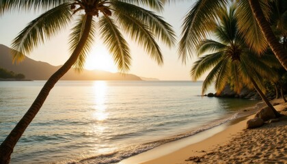 The scene captures a picturesque moment of relaxation, with palm trees swaying gently in the warm breeze, the soft sound of waves lapping at the shore