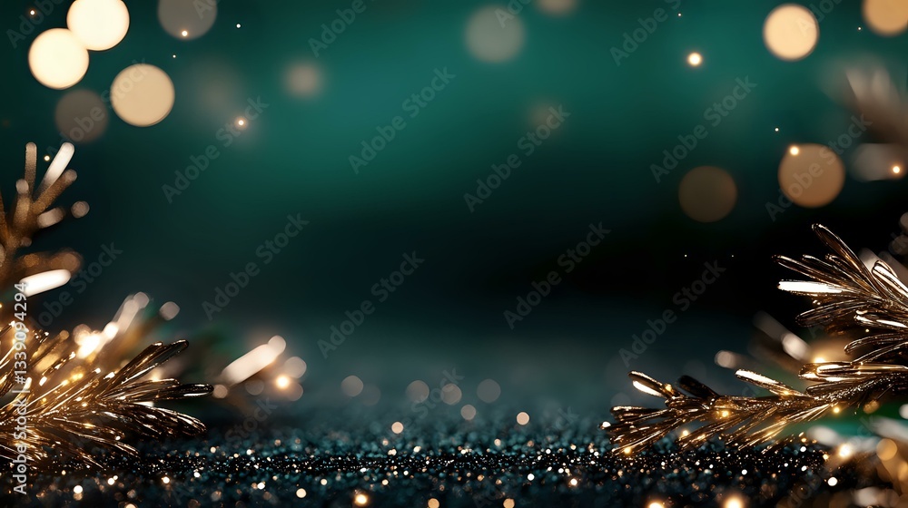 Poster magical festive background with golden sparkles and bokeh lights on dark teal surface, creating drea