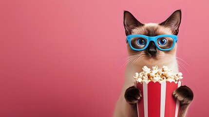 Funny Siamese cat in blue glasses holding striped container with popcorn against pink background. Movie night entertainment concept with pet humor.