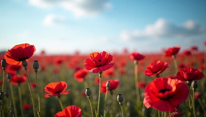 Naklejka premium Vibrant Red Poppy Field Under Cloudy Sky
