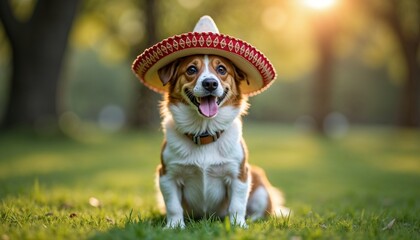 Happy Dog Wearing Sombrero in Grassy Field