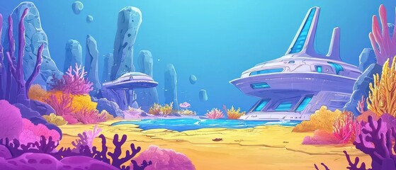 Naklejka premium Colorful Underwater Scene with Futuristic Spaceships and Coral Reefs