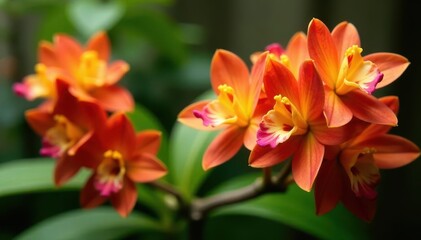 Fototapeta premium Lush clusters of fiery orange Epidendrum orchids , bright, Orchid