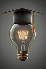 A light bulb wearing a graduation cap represents education