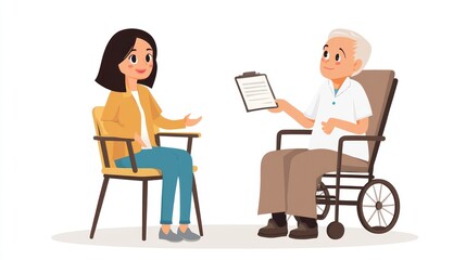 Friendly Conversation Between Young Woman and Elderly Man in Wheelchair