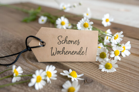 Schoenes wochenende Geschenkanhanger mit weiBen Bluten auf rustikalem Holztisch