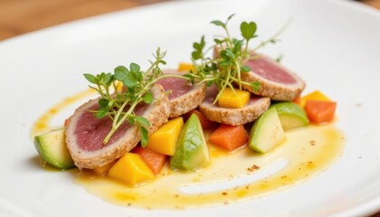 The chef carefully arranged colorful slices of seared tuna, avocado, and mango on a pristine white plate