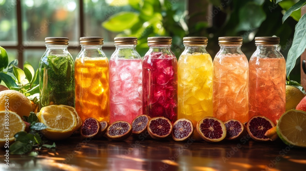 Aufkleber various vibrant drinks in glass jars are arranged on a wooden table. each jar contains ice and color