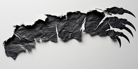 Black torn paper with a white background, bear claw marks on the edges of the ripped papers.