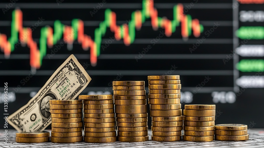 Poster stacked coins with dollar bill in front of stock market graph representing financial growth and inve